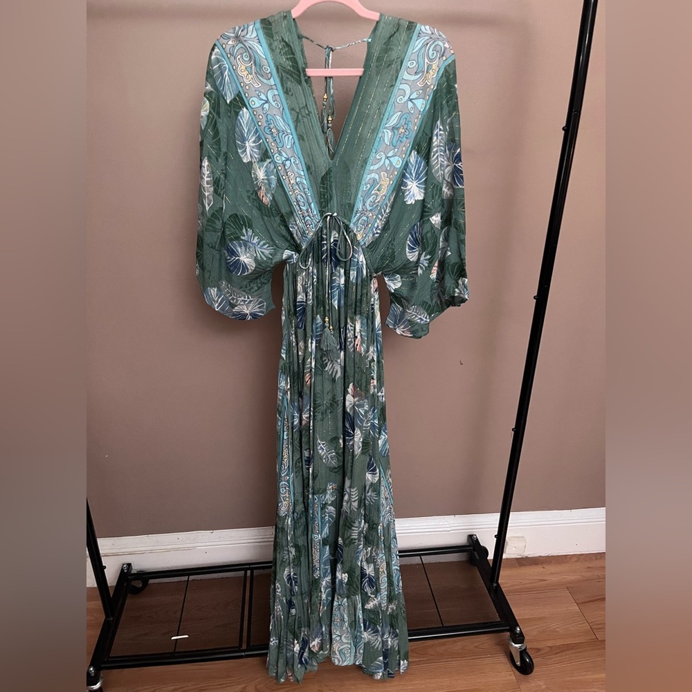 Zury Green Pleated Maxi Dress with Bishop Sleeves